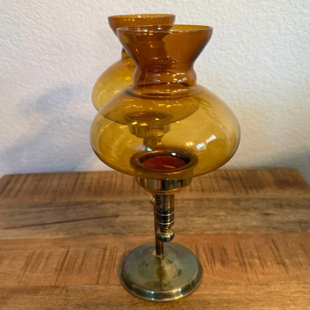 Vintage Brass Double Arm Candelabra Amber Glass Hurricane Tea Light Holder MCM
